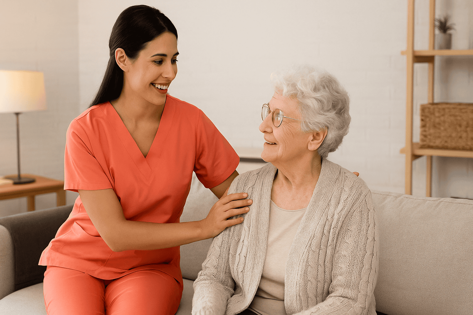 Caregiver in coral scrubs assisting a happy senior woman during home care in Sun City, AZ